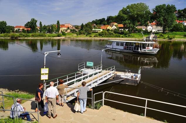 Deutschland, Sachsen, Landkreis Sächsische Schweiz-Osterzgebirge, Pirna, Menschen warten an der Anlegestelle der Fähre Sebnitz am Fluss Elbe auf Pirnaer innenstadtseite