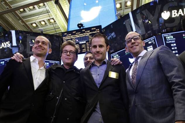Twitter co-founder Jack Dorsey, Twitter co-founder Biz Stone, Twitter co-founder Evan Williams and Twitter CEO Dick Costolo stand on the floor of the NYSE after shares of Twitter are traded for the first time at the New York Stock Exchange on Wall Street In New York City on November 7, 2013. The NYSE Euronext staged a first-ever weekend test for the initial public offer two weeks ago to avoid reprising the problems with rival Nasdaq s systems that delayed timely orders and ruined Facebook s debut on Wall Street.  NYP20131107109