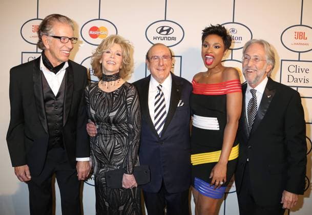 (From L to R) Richard Perry, Jane Fonda, Sony Music Chief Creative Officer Clive Davis, Jennifer Hudson, and Recording Academy President CEO Neil Portnow arrive on the red carpet before the annual Clive Davis Pre-Grammy Gala in Beverly Hills, California on January 25, 2014.  LAP20140125769