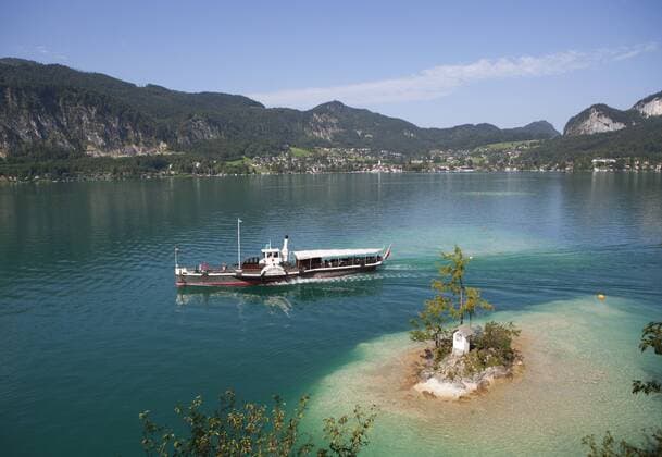  Raddampfer, Passagierschiff, Kaiser Franz Josef, Ochsenkreuz, Wolfgangsee, St. Gilgen, Salzkammergut, Österreich, Europa iblwwe03692539.jpg
