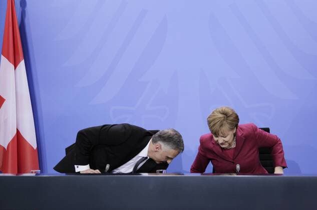 Berlin, Pressebegegnung: Bundeskanzlerin Angela Merkel und Bundespräsident der Schweiz, Didier Burkhalter. Thema: Ergebnisse des Gesprächs, Foto: Didier Burkhalter, Angela Merkel