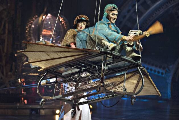 Acrobatic actors of Cirque du Soleil perform Kurios-Cabinet of Curiosities to media in Montreal, Canada, April 11, 2014. The Cirque du Soleil unveiled its latest production Kurios-Cabinet of Curiosities to the media here on Friday. The 35th production since 1984 of the Montreal based Cirque du Soleil will start live performances on April 24 in Montreal before touring Quebec City and Toronto later this year. The show centers on a character whose curio cabinet comes to life with imaginary characters with a cast of 46 artists from 13 different countries around the world. (Xinhua Andrew Soong) CANADA-MONTREAL-CIRQUE-DU-SOLEIL-KURIOS-CABINET-OF-CURIOSITIES 