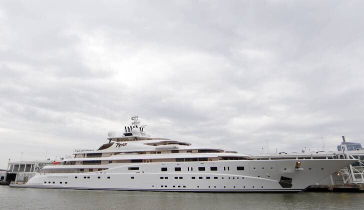 The M Y Topaz Yacht is docked in the Hudson River on the west side of Manhattan in New York City on April 22, 2014. M Y Topaz is a luxury motor yacht constructed by Lurssen in Bremen, Germany. The yacht s interior was designed by Terence Disdale Design and the exterior designed by Tim Heywood. The boat was launched in May 2012.  NYP20140422128