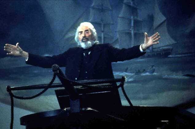 Gregory Peck Bevor sie in See stechen, lassen sich die Walfaenger noch von Pastor Mapple (Gregory Peck) die Leviten lesen. 1998 UnitedArchives01354322