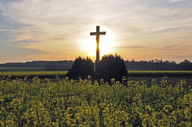 Feldkreuz mit Christusfigur in einem bluehenden Rapsfeld bei Sonnenuntergang, Deutschland, Baden-Wuerttemberg, Schwaebische Alb crucifix in a blooming rapefield at sunset, Germany, Baden-Wuerttemberg, Swabian Alb BLWS290892
