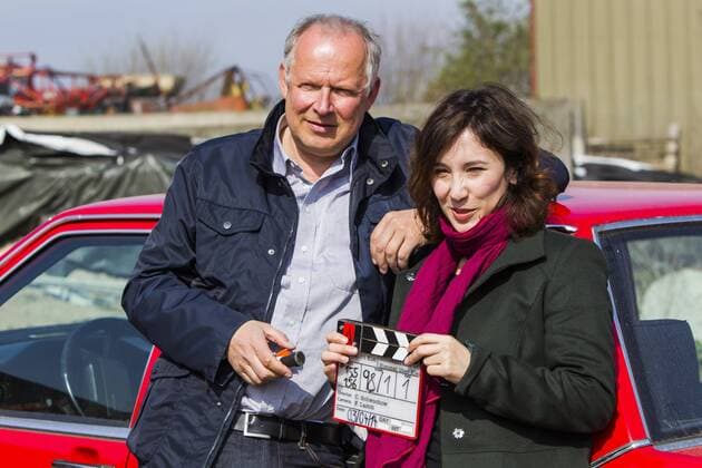 TV-Kommissare Axel Milberg und Sibel Kekilli . Dreharbeiten zum NORD-Tatort mit Axel Milberg und Sibel Kekilli in Möhnsen. Tatort mit Axel Milberg und Sibel Kekilli am 03.04.2014 in Möhnsen, Germany . Tatort Kiel - Borowski und der Himmel über Kiel .