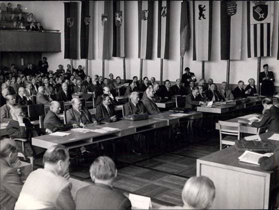 May 15, 1953 - House of Lords Passes European Defense Treaty - Now - You may well congratulate Dr. Adenauer said Dr. Maier, the President of the House of Lords, to Professor Hallstein, Secretary of State of the West German Republic after the final and definite balloting concerning the passing of the Allied-german Defense Treaty. This historic Session took place in Bonn, Western Germany, Yesterday, Thursday, 15 May 1953. 23 Members of the House of Lords - The Majority of the House - Voted against 15, and the final legal and legitime conclusion was Not to object the ratification of the European Defense treaty. Keystone Photo Shows:- A Scene from the House of Lords, Taken During the Session.  - ZUMAk09