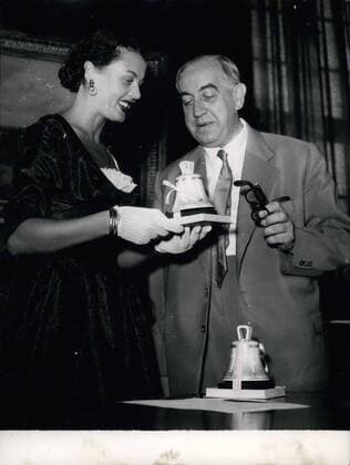 Jul. 19, 1953 - Prof. Reuter greets Miss Germany 1953 Before her trip to Long Beach, California, Miss Germany Christel Schack, of Berlin, was received by ruling mayor of Berlin Prof. Ernst Reuter in Sch?neberger city hall. The mayor handed her two ornate effigies of Berlin s Liberty Bell as presents for the mayors of New York and Long Beach.  - ZUMAk09