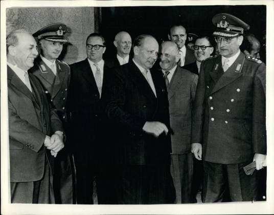 May 05, 1956 - German Forces is trained Former Castle: Higher officers of the new German Army are undergoing their training at Ludwig Book Barracks - the former Castle of Santhofen. Photo shows Seen during a visit to the training centre area - Bavarian President Hogner and Minister of Defence Blank - with General Heusinger and General Speidel.  - ZUMAk09
