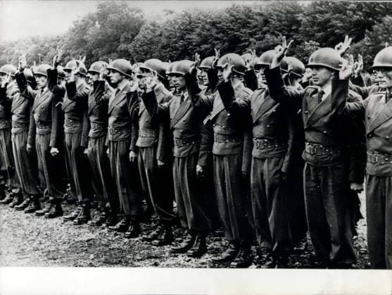Jul. 07, 1956 - Again a new unit: of German soldiers taking the oath at the Bremen Grohn barracks. These are soldiers of the tank hunters and tank reconnaissance units.  - ZUMAk09