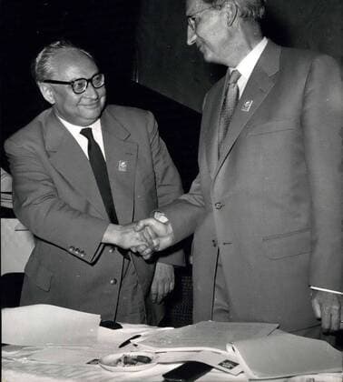 Jul. 13, 1956 - Ollenhauer again leader of the Spd : Erich Ollenhauer the leader of the Spd - Party in Germany was nominated again for a period of two years at the Kongressael of the Deutsches Museum in Munich Bavaria. Here he shakes hands with his deputy Wilhelm Mellies (right), who also was nominated for another two years.  - ZUMAk09