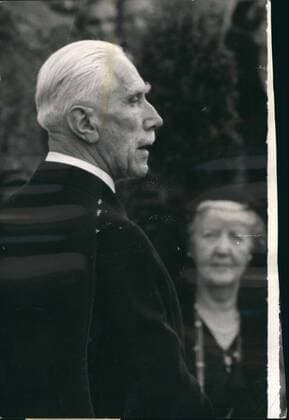 Aug. 18, 1956 - Pictured left is German politician Franz von Papen. He was speaking at the funeral service of von Neurath, whose widow can be seen here in the background.  - ZUMAk09