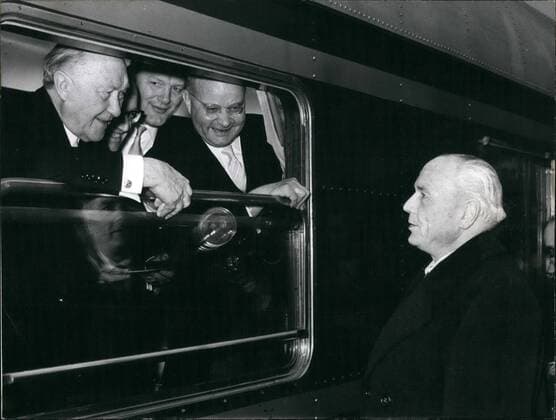 Jan. 01, 1957 - Photo shows Chancellor Adenauer and Ernst Rochling ( Rochling ) proprietor of the Rochling-foundary, having s short discussion in volklingrn Saar when Adenauerds special-train passed the station on its way to Sarrbrucken where the German chancellor took part in the festivities on account of the political return of the Saar to Germany.  - ZUMAk09