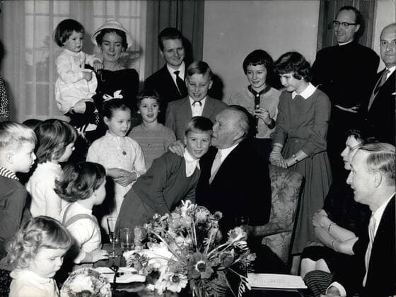 Jan. 01, 1958 - Surrounded by his family.. was the German Chancellor Dr. Konrad Adenauer in the morning hours of his 82nd birthday. Later diplomats, members of the German Bundestag, of parties and Army came to wish all the best to the Chancellor which took all together nine hours. The reception took place at the Palais Schaumburg in Bonn. OPS: Chancellor Dr. Konrad Adenauer surrounded by his family on January 5th, 1958 for his 82nd birthday.  - ZUMAk09