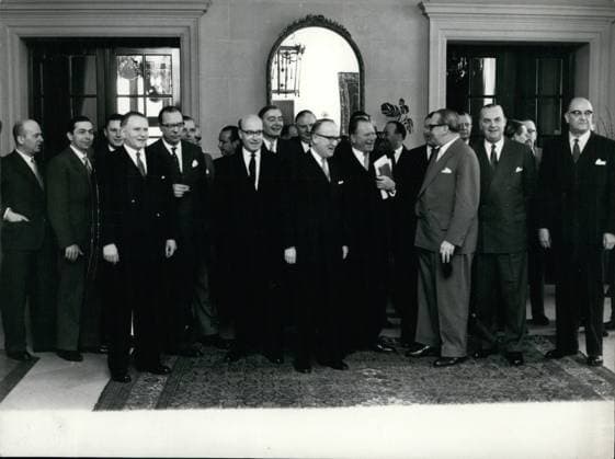 Feb. 02, 1958 - Foreign Office - conference on the Petersburg: For the first time after the re-organization in the Foreign Office in Bonn, the Foreign Minister Heinrich von Brentano was speaking to the new heads of the different departments of the ministry, during this conference. Photo shows from left to right side, ministerial manager in the Foreign Office Wehrstedt, the personal reporter of Mr. Scherpenberg Dr. Lahn, ambassador Pfeiffer, chief of the Eastern department Duckwitz, the chief of the protocol v. Bruan, the personnel manager v. Walter, the ambassador for Madrid v. Welck, the chief of the commercial political department Starke, ministerial manager Hopmann, the president of the European commerce community Hallstein, the Secretary of State Mr. Scherpenberg, Foreign Minister von Brentano, secretary of State Knappstein and the under secretary of State Ditmann.  - ZUMAk09
