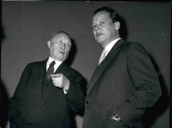Dec. 12, 1958 - Meeting Adenauer - Brandt in Rhoendorf: Senator Klein,delegate of the West-Berlin senate for federal affairs explained to Vice-Chancellor Prof. Erhard. instead of the sick Chancellor the dislike of the Berlin senat of Dr. Adenauer s having no time during his visit in Berlin to discuss the Berlin Problem at the Berlin senat and also of having no possibility for a personal speech with the ruling Mayor of Berlin Willy Brandt. The ruling Mayor of Berlin Willy Brandt intends now during his short stay in Bonn on his trip to Paris to visit the German Chancellor at his home in Rhoendorf on Dec. 12th. Photo shows Konrad Adenauer (left) and Willy Brandt together in Berlin on Dec. 5. 1958  - ZUMAk09