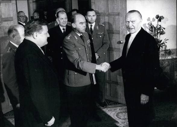 Jan. 01, 1959 - German Chancellor Dr. Adenauer Celebrated his 83rd birthday: On Jan 5th, 1959 the West-German Chancellor Dr. Adenauer celebrated his 83th birthday in full health. Photo Shows F.L.T.R. General Heusinger, Minister of Defence Strauss, Vice-Admiral Ruger, General Roettiger and General Von Horn while congratulating the Chancellor.  - ZUMAk09