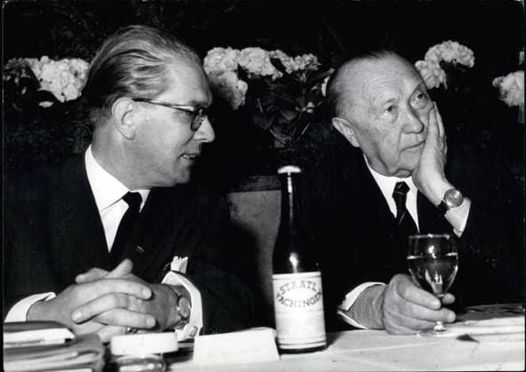 Apr. 04, 1960 - Party conference of the Christian democrats : the conference of the German Christ democratic party was opened in Karlsruhe, photo show ( Left to right) prime minister of Schleswig Heistei Kai Uwe Von Hassel (Kai Uwe Von hassel) and fedra chancellor Dr Konard Adenauer.  - ZUMAk09