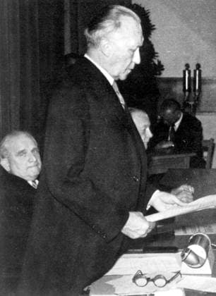 May 23, 1949 - Bonn, Germany - Dr. KONRAD ADENAUER (1876-1967) was a German statesman who served as Foreign Minister and Chancellor of Germany. PICTURED: Passage of Basic Law for the Federal Republic of Germany; Adenauer giving a speech, his proxy, ADOLF SCHOENFELDER in the background. Bonn Germany  - ZUMAk09