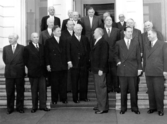 Oct. 20, 1953 - Bonn, Germany - Second cabinet of West Germany s first chancellor KONRAD ADENAUER. First row: Minister for Special Affairs HERMANN SCHAEFER, Minister of All-German Affairs JAKOB KAISER, Minister of Labour and Social Affairs ANTON STORCH, president THEODOR HEUSS, chancellor KONRAD ADENAUER, Minister of the Interior GERHARD SCHROEDER, Minister of Special Tasks WALDEMAR KRAFT. Second row: Minister of Food, Agriculture, and Forestry HEINRICH LUEBKE, Minister of Bundesrat Affairs HEINRICH HELLWEGE , Minister of Construction VIKTOR-EMANUEL PREUSKER, Minister of Economics LUDWIG ERHARD, Minister of Special Tasks ROBERT TILLMMANNS. Third row, middle: Minister of Special Tasks FRANZ JOSEF STRAUSS and Minister of Finance FRITZ SCHAEFFER. Bonn Germany  - ZUMAk09