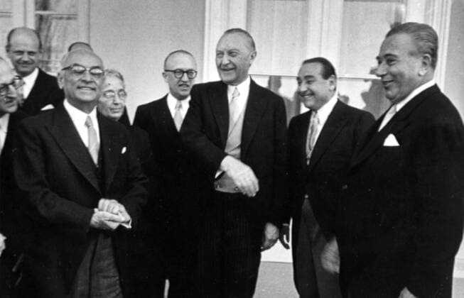 Jan. 1, 1954 - Bonn, Germany - West Germany s first chancellor KONRAD ADENAUER began his career in politics as a member of the Cologne City Council, becoming lord mayor of the city. Adenauer was elected Chancellor of the Federal Republic of Germany on 15 September 1949. PICTURED: KONRAD ADENAUER at an event with colleagues. Bonn Germany  - ZUMAk09