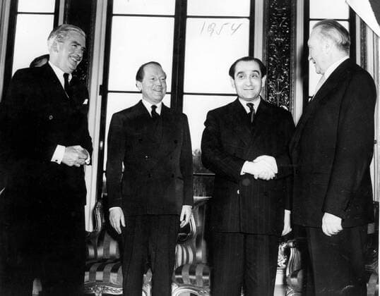Mar. 10, 1954 - London, England, U.K. - Dr. KONRAD ADENAUER (1876-1967) was a German statesman who served as Foreign Minister and Chancellor of Germany. PICTURED: Adenauer in a happy mood at Lancaster House with Mr. ANTHONY EDEN from England, Dr. JOHAN BEYEN from The Netherlands, M. MEDES-FRANCE from France and Dr. ADENAUER from West Germany. London United Kingdom  - ZUMAk09