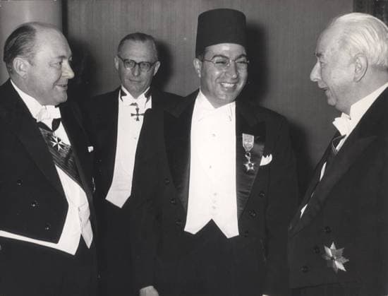 Jan 25, 1957 - Bonn, Germany - Minister HANS-JOACHIM VON MERKATZ (L), Ambassador ABDELLATIF JELLOUN, and President THEODOR HEUSS tell jokes while Jelloun turns in his credentials.. Bonn Germany  - ZUMAk09