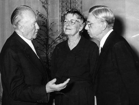 Feb. 13, 1957 - Bonn, Germany - West Germany s first chancellor KONRAD ADENAUER began his career in politics as a member of the Cologne City Council, becoming lord mayor of the city. Adenauer was elected Chancellor of the Federal Republic of Germany on 15 September 1949. PICTURED: Farewell visit from U.S. Ambassador Dr. JAMES B. CONANT and Mrs. CONANT by Dr. Adenauer. Bonn Germany  - ZUMAk09