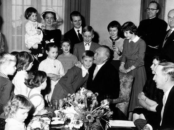 Jan. 6, 1958 - Bonn, Germany - West German Chancellor Dr. KONRAD ADENAUER was surroundeed by his family on his 82nd birthday. Later diplomats, members of the German Bundestag, of parties and Army came to wish all the best to the Chancellor which took all together nine hours. The reception took place at the Palais Schaumburgin Bonn. PICTURED: Chancellor Dr. Adenauer surroundeed by his family for his birthday. Bonn Germany  - ZUMAk09