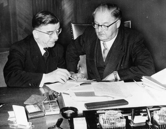 May 13, 1955 - Vienna, Austria - LEOPOLD FIGL (October 2, 1902 - May 9, 1965) was an Austrian politician who served as Chancellor of Austria as well as Minister of Foreign Affairs. PICTURED: Figl in a meeting with JULIUS RAAB after the conclusion of the Treaty-Conference. Vienna Austria  - ZUMAk09