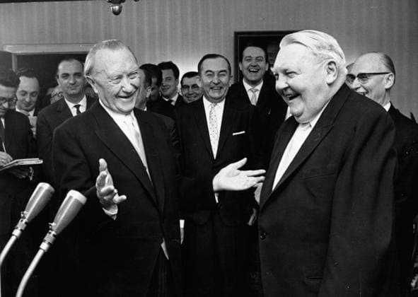 May 8, 1960 - Location Unknown - Dr. KONRAD ADENAUER (1876-1967) was a German statesman who served as Chancellor of Germany from 1949 until 1963. PICTURED: Dr. Adenauer at a meeting with LUDWIG ERHARD. n a n a  - ZUMAk09