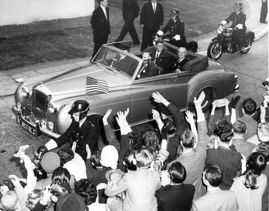 June 4, 1961 - London, England, U.K. - President JOHN F. KENNEDY arrived at London Airport following his week-end talks in Vienna with Mr. Kruschev. Mr. Kennedy was accompanied by his wife Jacqueline. Mr. MacMillan greeted them. London United Kingdom  - ZUMAk09