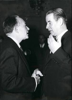 Nov. 11, 1961 - First reception of Dr. Gerhard Schroder in his property as new foreign minister of Federal Republic of Germany. In the Godosberg Redoute Dr. Schroder got acquainted with the members of the Diplomatic Corps. here talking with the French Ambassador Seydoux left - for a couple of minutes.  - ZUMAk09