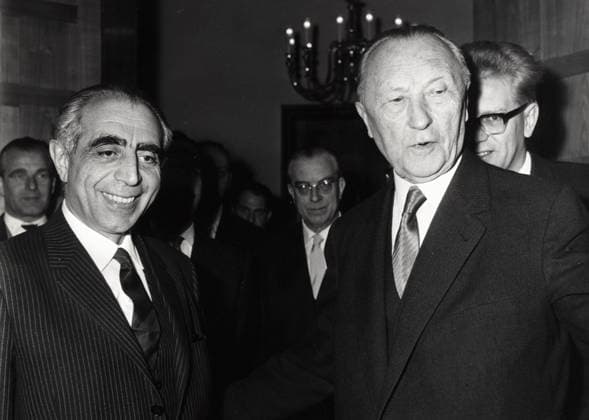 Feb. 22, 1962 - Bonn, Germany - West Germany s first chancellor KONRAD ADENAUER began his career in politics as a member of the Cologne City Council, becoming lord mayor of the city. Adenauer was elected Chancellor of the Federal Republic of Germany on 15 September 1949. PICTURED: The Persian Prime Mnister Dr. ALI AMINI visits Bonn and meets ADENAUER to speak about an economic support. Bonn Germany  - ZUMAk09