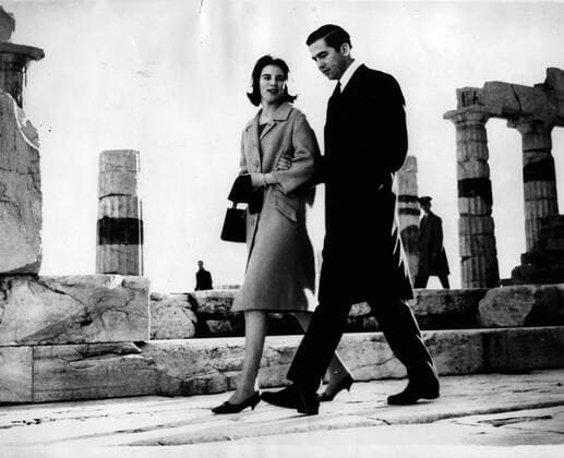 Apr. 5, 1962 - London, England, U.K. - PRINCE CONSTANTINE II of Greece, was King of the Hellenes from 1964 until the abolition of the monarchy in 1973. PICTURED: Constantine II walking with his wife QUEEN ANNE-MARIE of Greece. London UK  - ZUMAk09