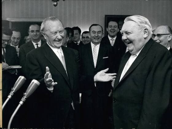 May 05, 1962 - 65 Birthday of Prof. Dr. Erhard: As first congratulation to 65 birthday of the German Minister of Economics Prof. Dr. L. Erhard appeared Chancellor Dr. Adenauer. Photo shows left Dr. Adenauer and Prof. Dr. L. Erhard.  - ZUMAk09