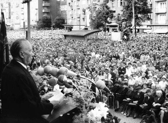 June 17, 1962 - Berlin, Germany - West Germany s chancellor KONRAD ADENAUER began his career in politics as a member of the Cologne City Council, becoming lord mayor of the city. Adenauer was elected Chancellor of the Federal Republic of Germany on 15 September 1949. PICTURED: 150,000 Berliners at a demonstration on the day of German unity, at Schoeneberger townhall, ADENAUER gives speech. Berlin Germany  - ZUMAk09