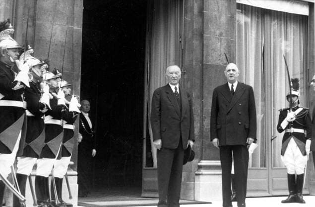 July 3, 1962 - Paris, France - CHARLES DE GAULLE was a French general and statesman, leader of the Free French during World War Two and the architect of the Fifth Republic. His political ideology, Gaullism , has become a major influence in French politics. PICTURED: CHARLES DE GAULLE and German politician KONRAD ADENAUER during Adenauer s first visit to France. Paris France  - ZUMAk09