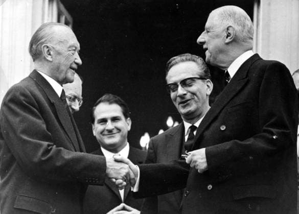Sep. 5, 1962 - Bonn, Germany - CHARLES DE GAULLE was a French general and statesman, leader of the Free French during World War Two and the architect of the Fifth Republic. His political ideology, Gaullism , has become a major influence in French politics. PICTURED: CHARLES DE GAULLE visiting German politician KONRAD ADENAUER. Bonn Germany  - ZUMAk09