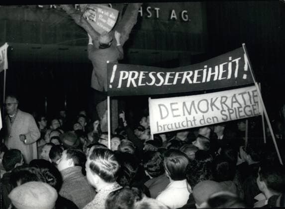 Oct. 10, 1962 - In Berlin: Demonstration Freedom for the press.: Some hundred demonstrates made in Westberlin a Demonstration against the Spiegel Action and for freedom for the press , The placards say: Democratic needs the Spiegel , Come on Strauss the John Birch Society needs you and so on.  - ZUMAk09