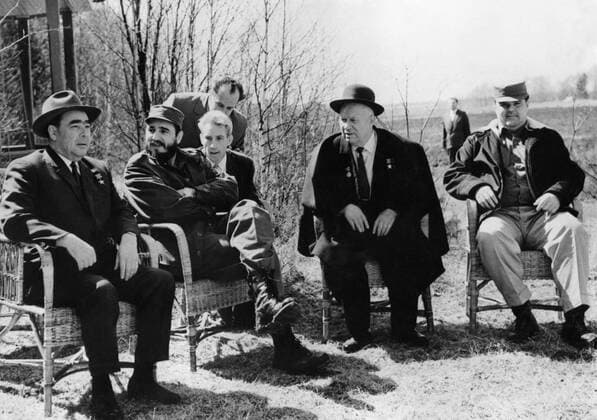May 6, 1963 - Moscow, Russia - A Cuban revolutionary leader who led his country from January 1959 until his retirement in February 2008, FIDEL CASTRO transformed Cuba into the first communist state in the Western Hemisphere. PICTURED: LEONID BREZHNEV, FIDEL CASTRO, NIKITA KHRUSHCHEV, EMILIO NAVARRO at Khrushchev s summer house. Moscow Russia  - ZUMAk09