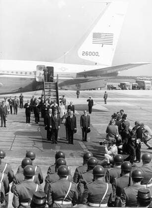June 23, 1963 - Cologne, Germany - Arrival of the President of the United States JOHN F. KENNEDY by plane to the airport Cologne Wahn for his trip through Germany and to West Berlin. After his landing, he went by car to the town Cologne, where he spoke to the citizens of Cologne. Then he was present at a mass in the famous cathedral of Cologne. The picture shows President John F. Kennedy at the airport in Cologne Wahn with the German Chancellor Dr. ADENAUER. Cologne Germany  - ZUMAk09