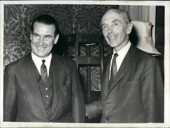 Aug. 08, 1963 - HOME MEETS SCHROEDER. This afternoon at the Foreign Office, Dr. Gerhard Schroeder the West German Foreign Minister, met Lord Home, the British Foreign Secretary. They are expected to have discussion on Dr. Adenaaur s failure to sign the Moscow Nuclear Test Ban Agreement on behalf of West Germany. Photo Shows. Dr. Gerhard Schroeder (left) and Lord Home at the foreign office.  - ZUMAk09