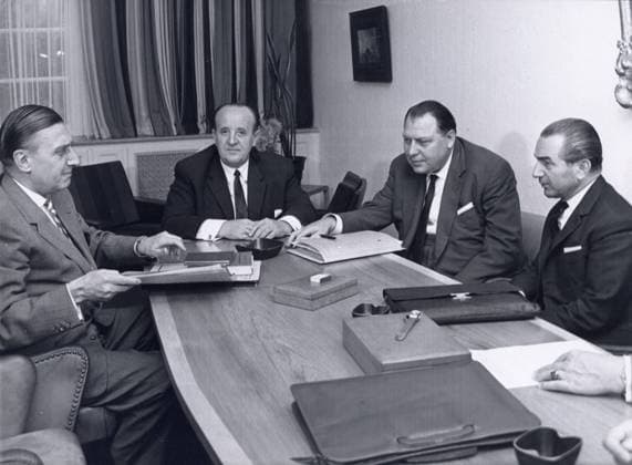 Sep 11, 1963 - Bonn, Germany - Minister Hocherl invited deputie of all parties to discuss the reporaches in connection with the listening of phonecalls. From left to right State secretary SCHAFER, HERMANN HOCHERL, SCHMIT VOCKENHAUSEN, and SIEGFRIED ZOGLMANN. Bonn Germany  - ZUMAk09