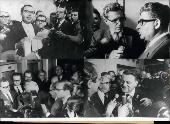 Nov. 03, 1966 - A crisis erupted about whether Chancellor Ludwig Erhard should resign from his post or not. Pictured from upper left to lower right: Faction group leader Rasner reading a short clarification in front of the gathered journalists. SPD member Jahn gives the waiting journalists an explanation from his party. Chancellor Ludwig Erhard on his way to a faction meeting. CSU-chief Frank Josef Strauss takes Journalists questions and answers. (all taken on November 2)  - ZUMAk09
