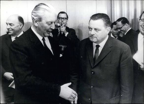 Nov. 12, 1966 - The CDU-CSU fraction chose their new chancellor candidate on November 10, 1966. The former prime minister of Baden W?rtemberg received eleven more votes than was necessary to secure the nomination. Pictured: Kurt Georg Kiesinger together with Franz Josef Strauss after his selection as the chancellor candidate.  - ZUMAk09