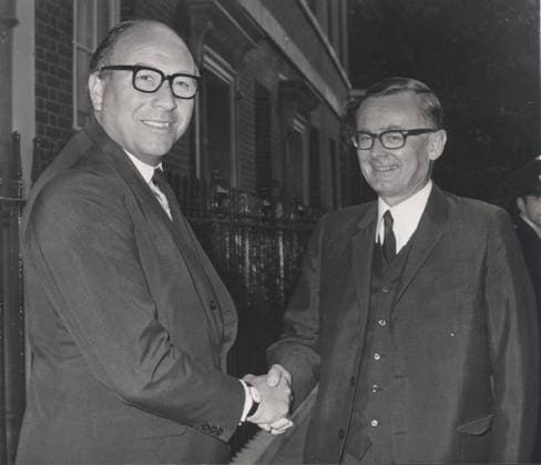 Aug 27, 1968 - London, England, United Kingdom - Britain Chancellor of Exchequer ROY JENKINS (L) greeting the German Minister of Economics Dr. KARL SCHILLER at No. 11 Downing Street.. London United Kingdom  - ZUMAk09