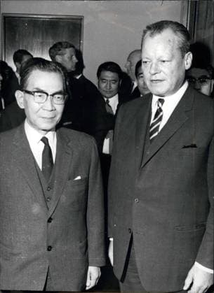 Sep. 16, 1968 - Japanese Foreign Minister Miki with Brandt: The Japanese Foreign Minister Takeo Miki and German Foreign Minister Willy Brandt spoke for two days in Bonn. Miki had arrived in Germany on September 15 for the yearly Japanese-German foreign ministers meeting. The questions of nuclear nonproliferation and development of Eastern Europe were probably discussed. Pictured: Takeo Miki(left) at the Foreign Ministry in Bonn.  - ZUMAk09