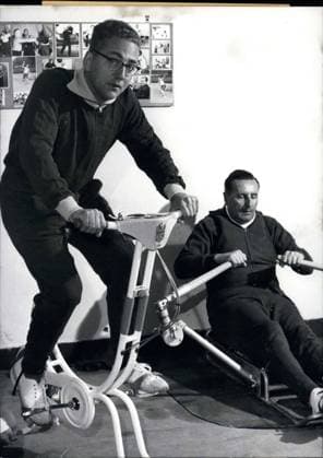 Oct. 02, 1968 - Dr. Erhard Eppler wants to be fit for his upcoming work! He will be succeeding H.J. Wischnewski on October 2 as Minister for Political Cooperation. The SPU-Politician begins exercise at the crack of dawn because his work lasts all day; so he doesn t have time to exercise otherwise. Here he is captured at home exercising with the struggling Dr. Dittrich(right)  - ZUMAk09