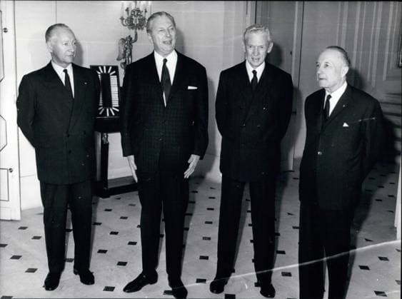 Mar. 03, 1969 - Chancellor Kiesinger, who arrived in Paris yesterday morning, received France s Prime Minister Couve de Murville at the Beauharnais Hotel, where Germany s Ambassador in France, Von Braun, lives. Pictured from left to right: Minister of Armed Forces, Mes  - ZUMAk09